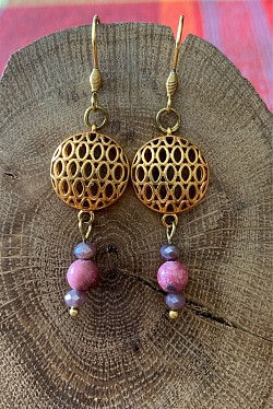 rhodochrosite et perles en verre - suspension en acier inoxydable /  26 €