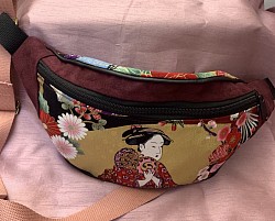 Sac banane en suédine et coton japonais / petite poche zippée au dos